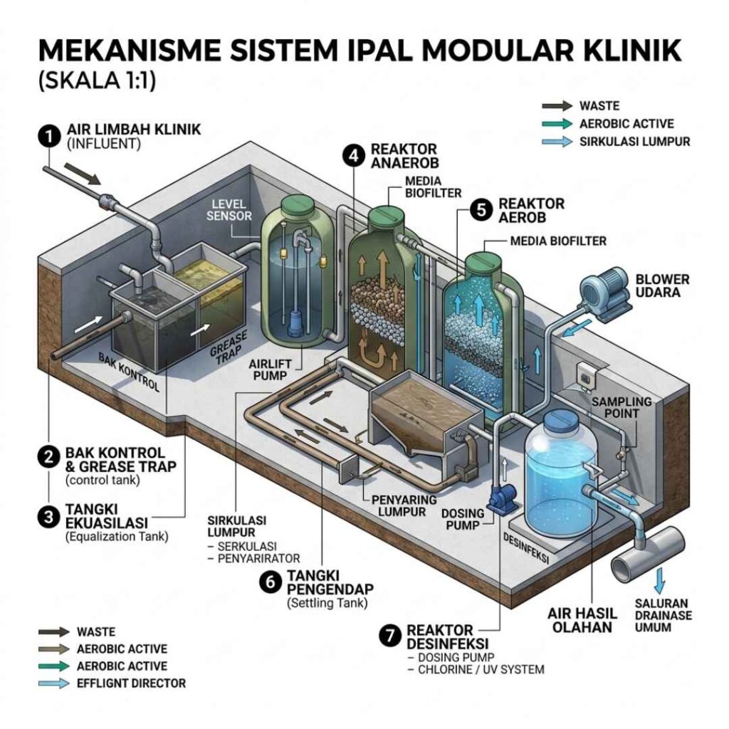 standar IPAL klinik, cara menentukan kapasitas, baku mutu, serta pilihan IPAL Portable untuk klinik dengan lahan dan budget terbatas.