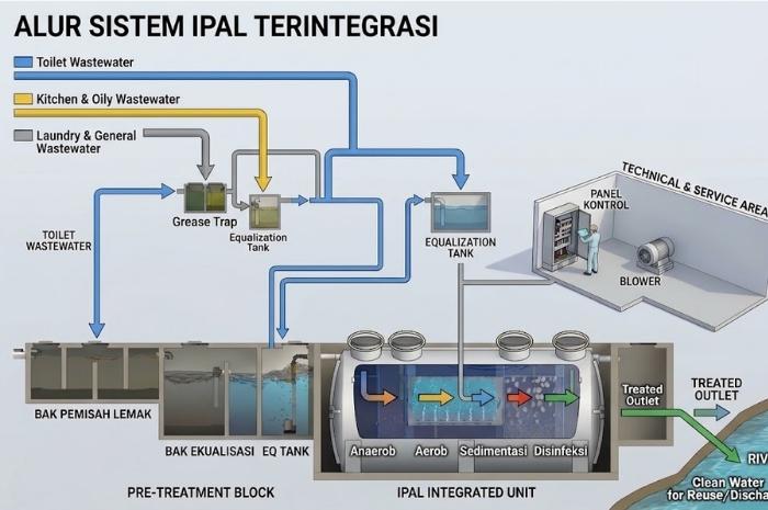 Layout kebutuhan lahan IPAL klinik yang menunjukkan posisi pipa, holding tank, unit IPAL, panel, outlet, dan area maintenance