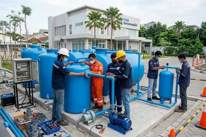 Teknisi memasang unit IPAL, perpipaan, pompa, dan blower di area klinik