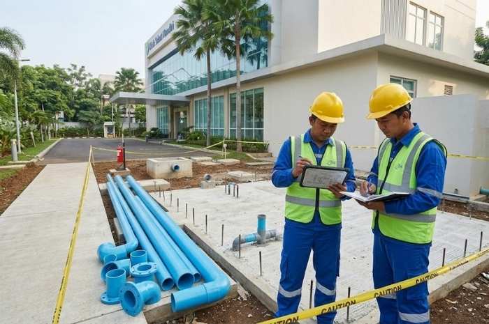 Teknisi melakukan survey lokasi untuk menentukan area dan elevasi pemasangan IPAL klinik