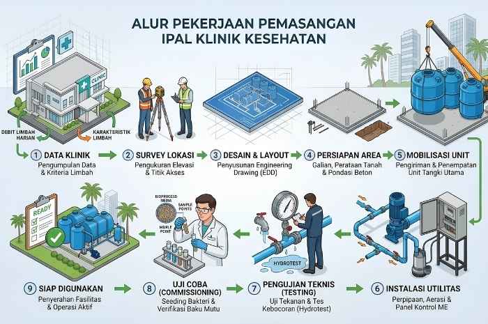 Alur pemasangan IPAL klinik mulai dari survey lokasi, instalasi, testing hingga commissioning