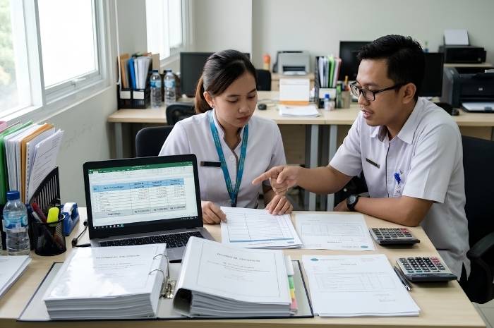 Staff klinik membandingkan beberapa penawaran vendor IPAL berdasarkan harga dan scope pekerjaan